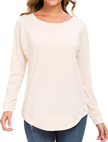 WEIYAN Damen-T-Shirt, langärmelig, lässig, Tunika, Bluse, locker, gebogener Saum, 03 Beige, Large von WEIYAN