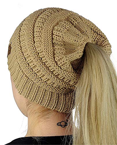 WEKNOWU Damenhut, Soft Stretch Zopfmuster Unordentlich High Bun Pferdeschwanz Mütze (Khaki) von WEKNOWU