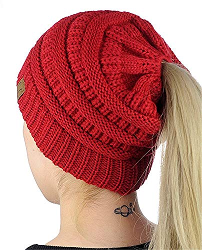 WEKNOWU Damenhut, Soft Stretch Zopfmuster Unordentlich High Bun Pferdeschwanz Mütze (Rot) von WEKNOWU