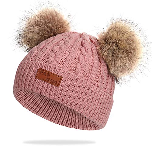 WELROG Baby-Winter-warme Strickmütze-Säuglingskleinkind Kinderhäkelarbeit-Pelz Hairball Beanie-Hut Pom Pom Beanie Baby Jungen Mädchen (Dunkelpink) von WELROG