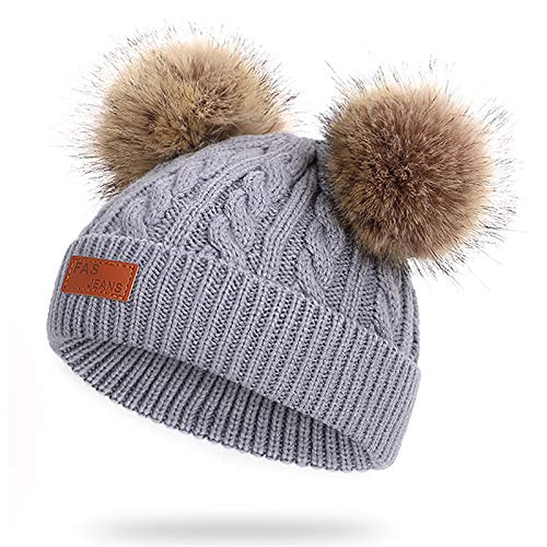 WELROG Baby-Winter-warme Strickmütze-Säuglingskleinkind Kinderhäkelarbeit-Pelz Hairball Beanie-Hut Pom Pom Beanie Baby Jungen Mädchen (Grau) von WELROG