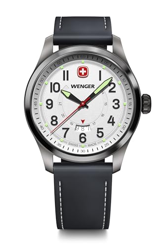 WENGER Herren Armbanduhr Terragraph, Ø 43mm, Swiss Made, Analog Quarz, Wasserdicht bis 100m, Leder-Armband, Schwarz/Weiß, 01.0541.126 von WENGER