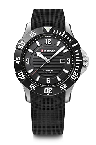 WENGER Herren Armbanduhr Seaforce Ø 43mm, Swiss Made, Analog Quarz, Wasserdicht bis 200m, Silikon-Armband, Schwarz, 01.0641.132 von WENGER