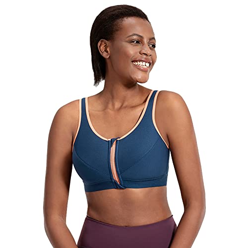 Damen High Impact Sport-BH, drahtlose Unterstützung, Reißverschluss vorne, BHs, Workout Fitness Push Up Bralette (Farbe: Blau, Größe: 70E) von WENJUN