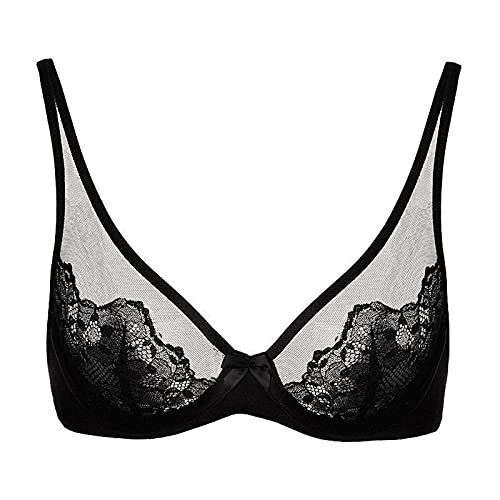 Damen Minimizer-BH, ungefütterter Bügel-BH, volle Abdeckung, Push-Up-BHs, ultradünn, transparent, klassisches Bralette (Farbe: Schwarz, Größe: 80B) von WENJUN