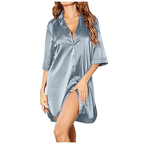 WENZHOU Satin Nachthemd Damen Kurzarm Schlafshirt Knopfleiste Nachtwäsche Negligees Schlafhemd T-Shirt Nachtkleid Negligee Sexy V-Ausschnitt Sleepshirt, Silber, XXL (Wenzhou-2021082301de) von WENZHOU