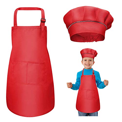 WEONE Kinder Schürze und Kochmütze Set, Kinder Einstellbare Kochschürze Kinderschürzen mit 2 Taschen für Jungen Mädchen, Kind Küchenschürzen für Küche Kochen Backen Malerei (7-13 Jahre) (Rot) von WEONE