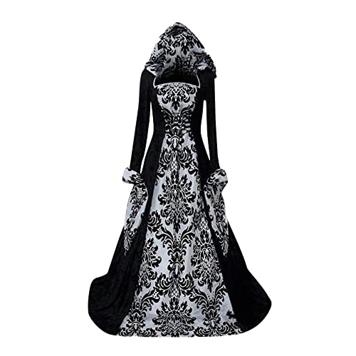 Halloween Kostüm Damen,Gothic Kleidung Retro Mittelalter Kleid mit Trompetenärmel, Mittelalterliche Viktorianischen Königin Kleider Renaissance Maxikleid halloween kleid damen schwarz Weiß 5XL von WEOPLKIN