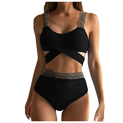 WEOPLKIN Bikini Damen Push Up Zweiteiler Bikini Damen Set High Waist Bikini mit frechem Unterteil Riemchen-Bikini Sport Bikini Damen Bademode Bandeau Bikini Schwarz XL von WEOPLKIN