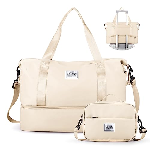 Sporttasche Turnbeutel für Damen, Sport Travel Duffel Bag mit,Wasserdicht Reisetasche mit Kulturbeutel Weekender Overnight Bag mit Nassfach und Schuhfach für Frauen Yoga,Beige von WEPLAN