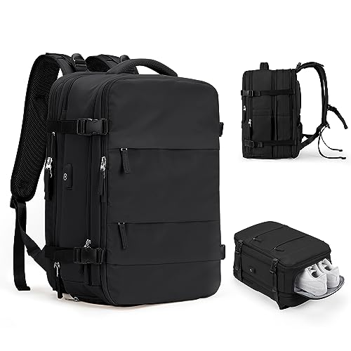 WEPLAN Handgepäck Rucksack, Großer Reiserucksack Damen Laptop Rucksack für 17 Zoll Herren,Rucksack mit Schuhfach,Ryanair Flug Genehmigt Rucksack Kabinenrucksack für Weekender,Schwarz (Erweiterung) von WEPLAN