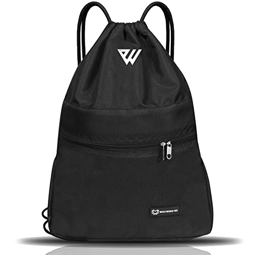 WESTWOOD FOX WFX Tasche mit Kordelzug, wasserdicht, Sport, Fitnessstudio, Rucksack für Damen und Herren, PE-Beutel, Außentasche, Reißverschluss, Schule, Strand, Urlaub, Schwimmen, Reisen, Schwarz , von WESTWOOD FOX