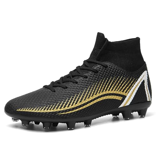 WETIKE Fußballschuhe Herren High Top Spike Professionelles Trainingsschuhe Damen Athletics Fussballschuhe Outdoor Sport Football Schuhe,E Schwarz Gold,38 EU von WETIKE