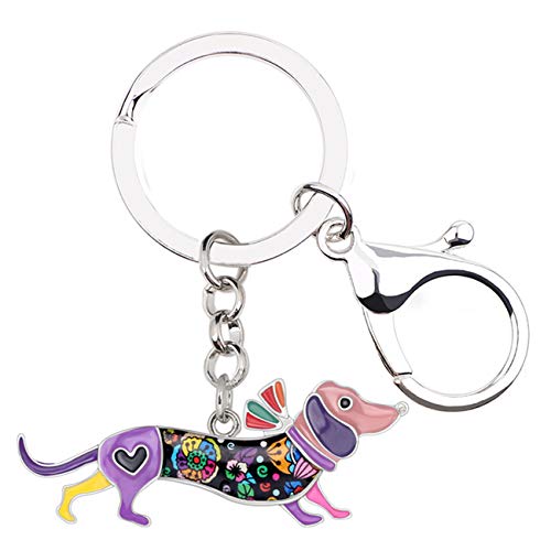 WEVENI Metall-Legierung Elegante Hut Dackel Hund Schlüsselketten Ringe Emaille Schlüsselanhänger Schmuck Für Frauen Mädchen Tasche Auto Charms (Lila) von WEVENI