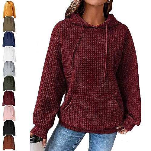 WEYSHHT Hoodie Frauen Oversize, Waffle Hoodies Women, Einfarbiges Kordelzug Y2K Hoodie, Einfarbig, Lässig, Basic-Sweatshirt mit Taschen, Sweatshirts, Jogginganzug Frauen Sportanzug von WEYSHHT