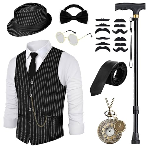 20er Jahre Kostüm Herren Streifen Weste mit Accessories, Faltbare Krücke Taschenuhr Bart Fedora Gläser, Krawatte, für Mafia Kostüm 1920S Gangster Peaky Blinders Karneval Halloween Mottoparty 20er Jahre Kostüm Herren Streifen Weste mit Accessories, Faltbare Krücke Taschenuhr Bart Fedora Gläser, Krawatte, für Mafia Kostüm 1920S Gangster Peaky Blinders Karneval Halloween Mottoparty von WILDPARTY