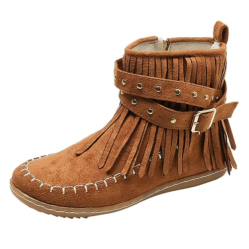 WILLBEST Damen-Stiefeletten, lässig, Vintage-Stil, einfarbig, mit Fransen, bequem, flach, mittelzylindrisch, runder, Übergröße, Westernstiefel, Stiefeletten Weihnachtsmann (C-Brown, 40) von WILLBEST