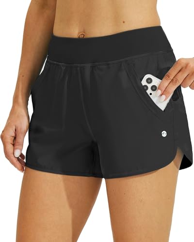 WILLIT Damen 3" Badeshorts Badehose Schwimmen Boardshorts mit Kurzliner Taschen Schnelltrockner UV Schutz Schwarz M von WILLIT