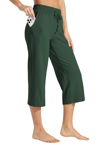 WILLIT Damen Caprihose Baumwolle Yoga Capri Casual Lounge Hose Weites Bein Workout Jogginghose mit Taschen 20" Olivgrün M von WILLIT