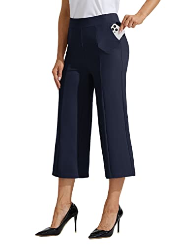 WILLIT Damen Caprihosen Kleid Yogahosen Weites Bein Business Casual Capris Arbeitshose Stretch High Waisted 21" Marineblau S von WILLIT