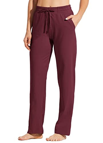 WILLIT Jogginghose Damen Baumwoll Sweatpants Yogahose unten offen Freizeithose gerades Bein Lounge Athletische Sporthose Trainingshose Kordelzug mit Taschen Burgunderrot L von WILLIT