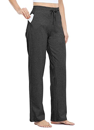 WILLIT Jogginghose Damen Baumwoll Sweatpants Yogahose unten offen Freizeithose gerades Bein Lounge Athletische Sporthose Trainingshose Kordelzug mit Taschen Frasergrau L von WILLIT