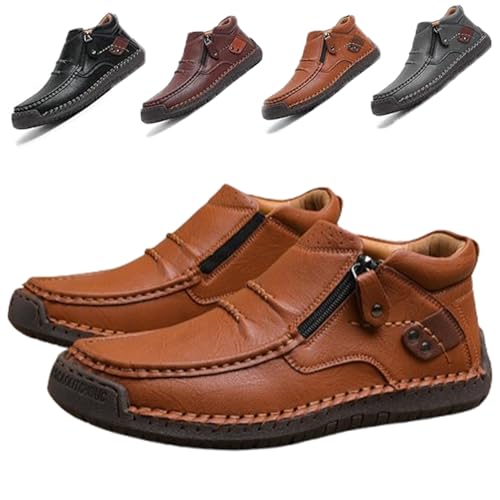 WINDEHAO Handgefertigte Premium-Leder-Schlupfstiefel für Herren, kurze Stiefeletten, handgefertigtes Rindsleder, rutschfeste Fußgewölbeunterstützung, Loafers, Boote, Schuhe, braun, Medium WINDEHAO Handgefertigte Premium-Leder-Schlupfstiefel für Herren, kurze Stiefeletten, handgefertigtes Rindsleder, rutschfeste Fußgewölbeunterstützung, Loafers, Boote, Schuhe, braun, Medium von WINDEHAO