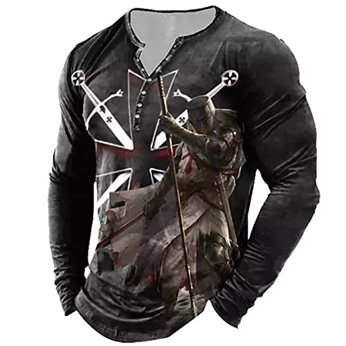 WINJAPAN Herren Tempelritter 3D Bedruckte T-Shirts Vintage Langarm Distressed Henley Shirt Retro Outdoor Sports Tactical T-Shirt Tops von WINJAPAN