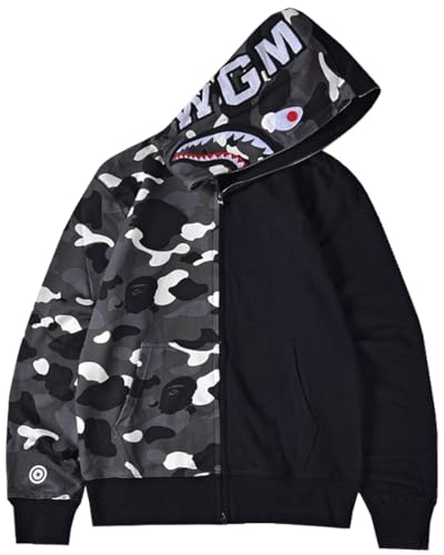 WINKEEY Herren Shark Hoodie Hip Hop Kapuzenpullover Mit Reißverschluss Langarm Sweatshirt mit Haifisch Druck Shark Head Zipper Jacken, Halb Schwarz XXL von WINKEEY