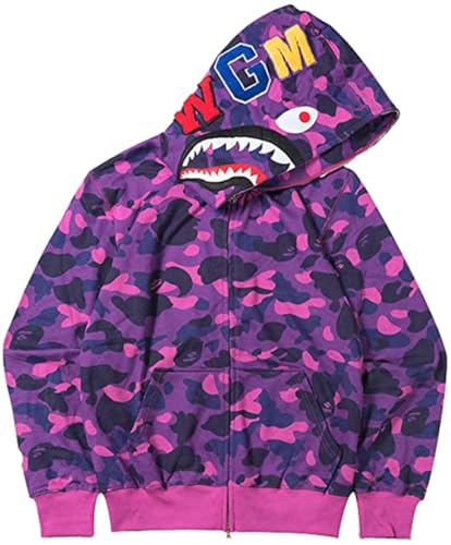 WINKEEY Herren Shark Hoodie Hip Hop Kapuzenpullover Mit Reißverschluss Langarm Sweatshirt mit Haifisch Druck Shark Head Zipper Jacken, Lila Tarnung 4XL von WINKEEY