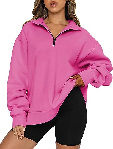 WINKEEY Damen 1/4 Zip Sweatshirt Oversized Hoodie Langarm Pullover Drop Shoulder Herbst Winter Oberteile,Rosa Rot XL von WINKEEY