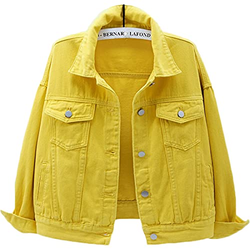 WINKEEY Damen Jacke Jeans Mantel für Herbst und Frühling Knopf Umlegekragen Denim Jaket, Gelb XL von WINKEEY