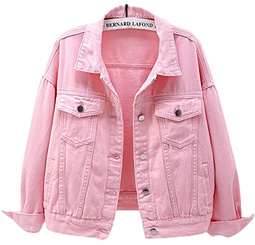 WINKEEY Damen Jacke Jeans Mantel für Herbst und Frühling Knopf Umlegekragen Denim Jaket, Rosa XXL von WINKEEY