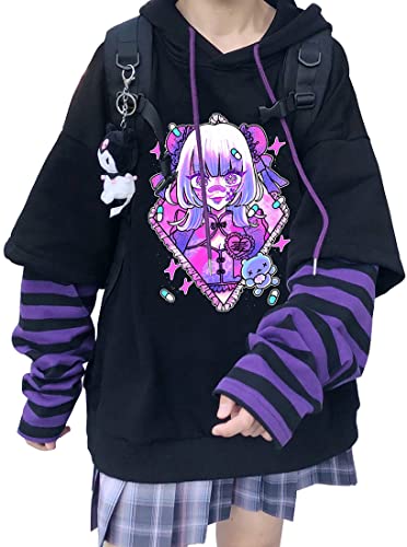 WINKEEY Damen Japan Kawaii Sweatshirt Mädchen Anime Pullover Gothic Ins Hoodies Ulzzang Vintage Tops Herbst Winter Oberteil, Rosa3 XXL von WINKEEY