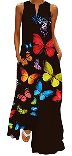 WINKEEY Damen Maxikleid Schmetterling Blumen Drucken V-Ausschnitt Böhmischer Plus Size Sommerlanges Kleid mit Taschen, Bunter Schmetterling 2 XL von WINKEEY