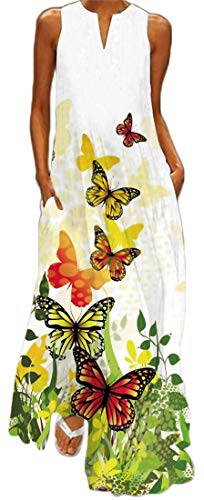 WINKEEY Damen Maxikleid Schmetterling Blumen Drucken V-Ausschnitt Böhmischer Plus Size Sommerlanges Kleid mit Taschen, Gelber Schmetterling1 XXL von WINKEEY