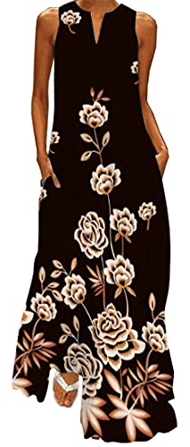 WINKEEY Damen Maxikleid Sommer Schmetterling Blumenkleid Sexy V-Ausschnitt Oversized Elegant Kleider Ärmelloses Kleid, Gelb Blume XXL von WINKEEY