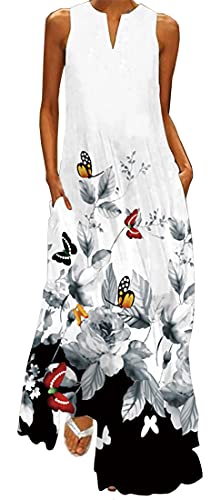 WINKEEY Damen Maxikleid Schmetterling Blumen Drucken V-Ausschnitt Böhmischer Plus Size Sommerlanges Kleid mit Taschen, Tuschemalerei1 3XL von WINKEEY