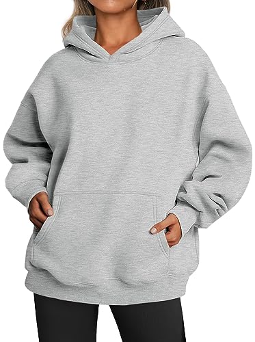 WINKEEY Hoodie Damen Oversize Pullover Sweatshirt Kapuzenpullover Pulli Sweatjacke Sport Oberteile Mit Tasche Tops Streetwear,Grau S von WINKEEY