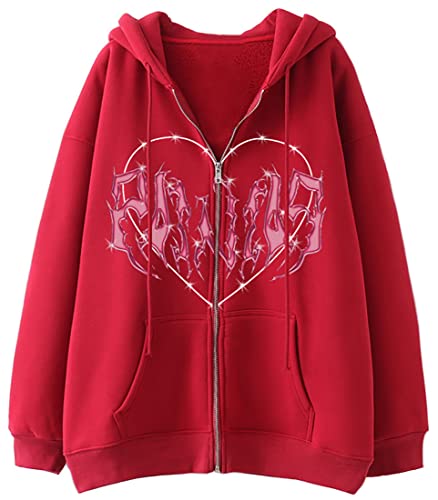 WINKEEY Damen Y2K Zip Up Hoodie Harajuku Jacke Skelett Pullover Herbst Winter Oversized Kapuzenpullover Langarm Sweatshirtt,Rot XXL von WINKEEY