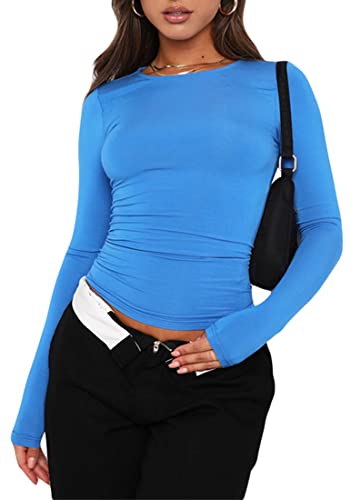 WINKEEY Essentials T-Shirt Damen Langarmshirt Y2k Tops Basic Shirt Sexy Einfarbig Slim Fit Crop Top Casual Rundhals Longsleeve Enges Oberteile, Blau M von WINKEEY