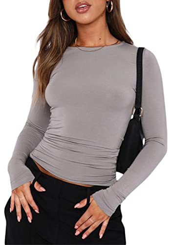 WINKEEY Essentials T-Shirt Damen Langarmshirt Y2k Tops Basic Shirt Sexy Einfarbig Slim Fit Crop Top Casual Rundhals Longsleeve Enges Oberteile, Hellgrau XS von WINKEEY