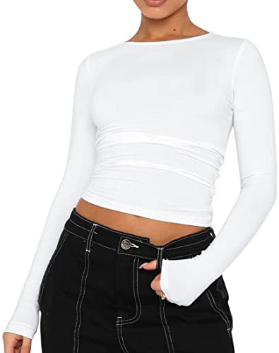 WINKEEY Essentials T-Shirt Damen Langarmshirt Y2k Tops Basic Shirt Sexy Einfarbig Slim Fit Crop Top Casual Rundhals Longsleeve Enges Oberteile, Weiß XS von WINKEEY