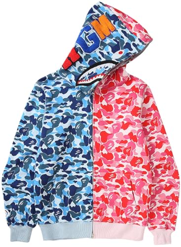 WINKEEY Herren Shark Hoodie Hip Hop Kapuzenpullover Mit Reißverschluss Langarm Sweatshirt mit Haifisch Druck Shark Head Zipper Jacken, Blaue und Rote Tarnung XXL von WINKEEY