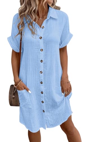 WINKEEY Sommerkleid Damen Blusenkleid Leinen Kleid Casual V-Ausschnitt Hemdkleid Kurzarm Shirtkleid Midikleid Einfarbig Freizeitkleid Mit Knöpfen,Hellblau XL WINKEEY Sommerkleid Damen Blusenkleid Leinen Kleid Casual V-Ausschnitt Hemdkleid Kurzarm Shirtkleid Midikleid Einfarbig Freizeitkleid Mit Knöpfen,Hellblau XL von WINKEEY