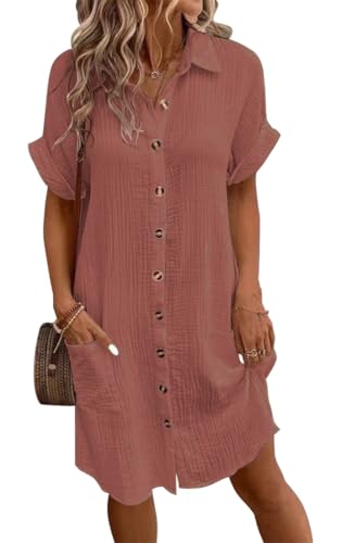 WINKEEY Sommerkleid Damen Blusenkleid Leinen Kleid Casual V-Ausschnitt Hemdkleid Kurzarm Shirtkleid Midikleid Einfarbig Freizeitkleid Mit Knöpfen,Rot L WINKEEY Sommerkleid Damen Blusenkleid Leinen Kleid Casual V-Ausschnitt Hemdkleid Kurzarm Shirtkleid Midikleid Einfarbig Freizeitkleid Mit Knöpfen,Rot L von WINKEEY