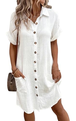 WINKEEY Sommerkleid Damen Blusenkleid Leinen Kleid Casual V-Ausschnitt Hemdkleid Kurzarm Shirtkleid Midikleid Einfarbig Freizeitkleid Mit Knöpfen,Weiß XL WINKEEY Sommerkleid Damen Blusenkleid Leinen Kleid Casual V-Ausschnitt Hemdkleid Kurzarm Shirtkleid Midikleid Einfarbig Freizeitkleid Mit Knöpfen,Weiß XL von WINKEEY