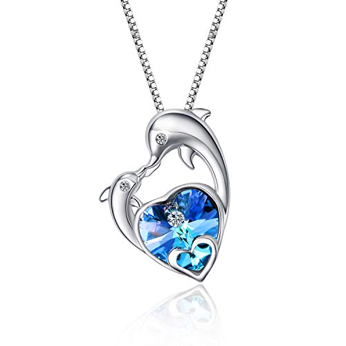 WINNICACA Delfin Halskette Sterling Silber Blau Herz of Ozean Herz Kristall Anhänger Halskette Schmuck Geschenke für Frauen Geburtstag gemacht mit Swarovski Kristall von WINNICACA