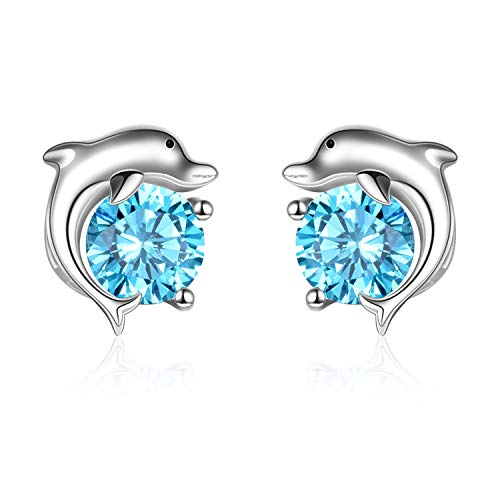 WINNICACA Delphin Ohrringe S925 Sterling Silber Niedliche Delphin Ohrstecker mit Blau Zirkonia Schmuck Geschenke für Tochter Frauen Muttertag von WINNICACA