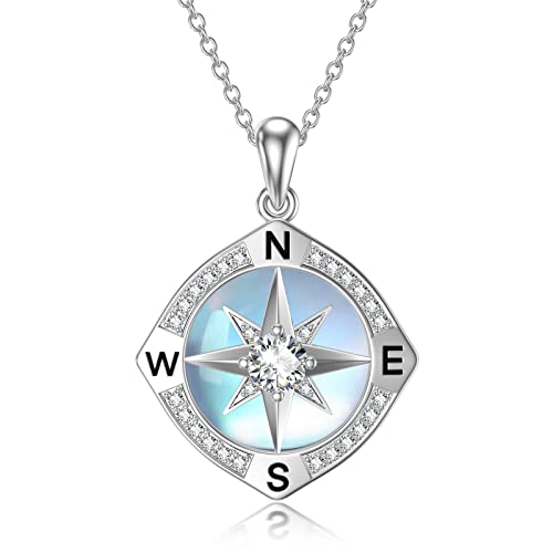 WINNICACA Halskette Damen Silber 925 Kompass Anhänger Kette mit Mondstein und 5A Zirkonia, Abschlussgeschenk Schmuck für Damen und Mädchen von WINNICACA